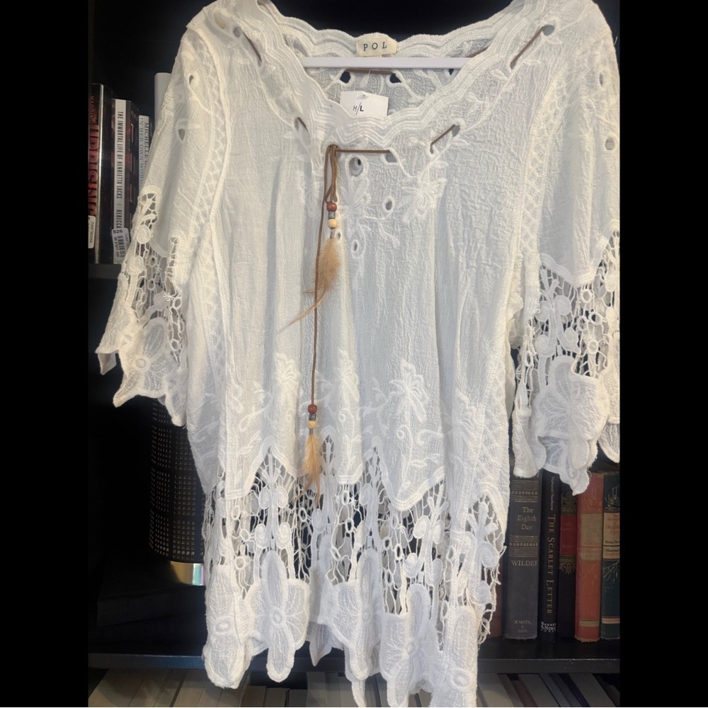 POL Women's White Lace Blouse with Tassel Detail